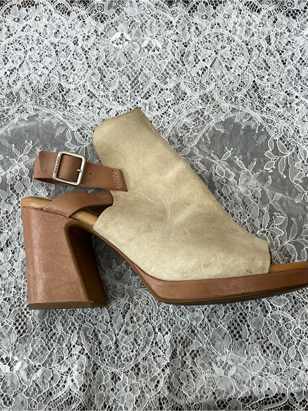 Kork-Ease Suede Open-Toe Block Heel Sandal in Beige and Brown
